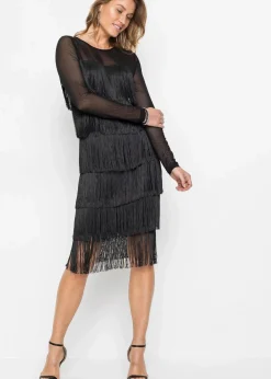 bonprix Kleider|Bekleidung·Pullover & Strickjacken^Midikleid aus luftigem Mesh mit Fransen schwarz
