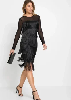 bonprix Kleider|Bekleidung·Pullover & Strickjacken^Midikleid aus luftigem Mesh mit Fransen schwarz