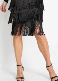 bonprix Kleider|Bekleidung·Pullover & Strickjacken^Midikleid aus luftigem Mesh mit Fransen schwarz