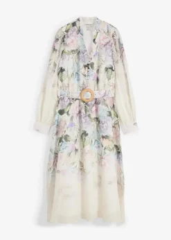 bonprix Premium|Kleider^Midikleid aus Ramie (2 tlg.Set mit Gürtel) puderflieder floral