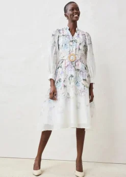 bonprix Premium|Kleider^Midikleid aus Ramie (2 tlg.Set mit Gürtel) puderflieder floral