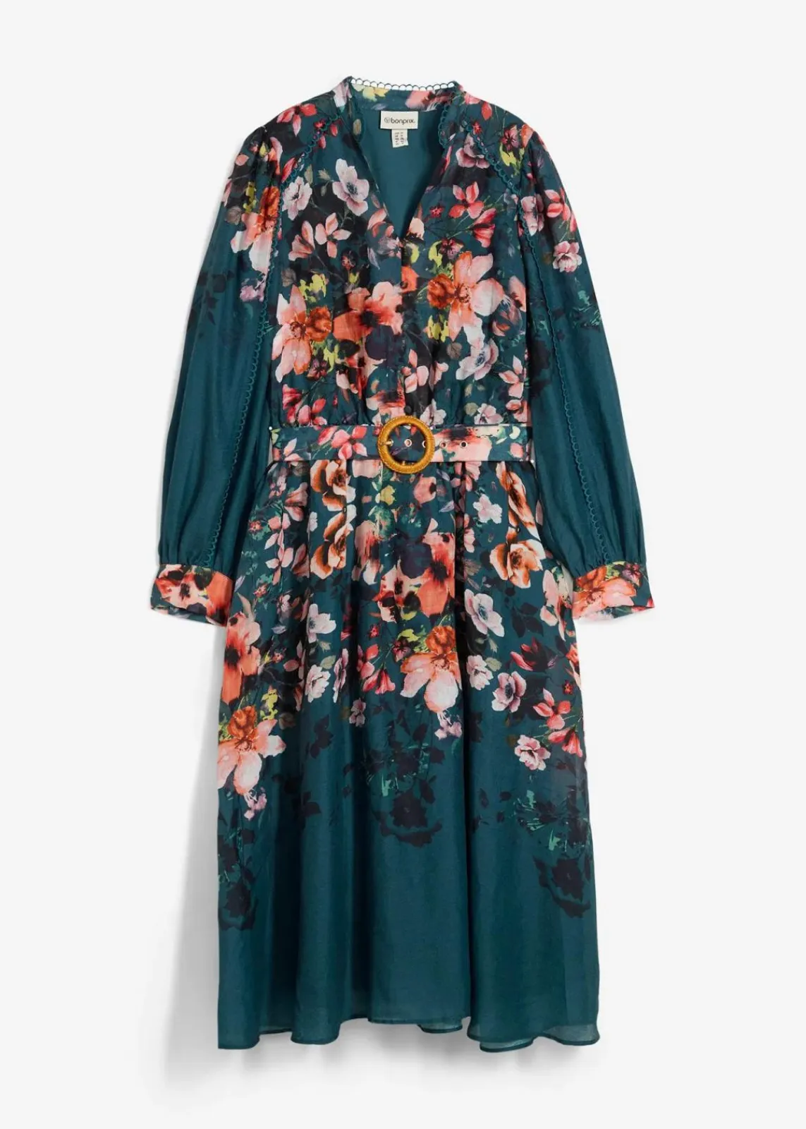 bonprix Kleider^Midikleid aus Ramie (2 tlg.Set mit Gürtel) pfeffergrün floral