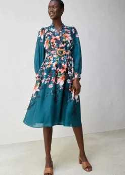 bonprix Kleider^Midikleid aus Ramie (2 tlg.Set mit Gürtel) pfeffergrün floral