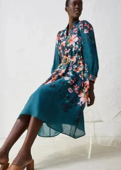 bonprix Kleider^Midikleid aus Ramie (2 tlg.Set mit Gürtel) pfeffergrün floral