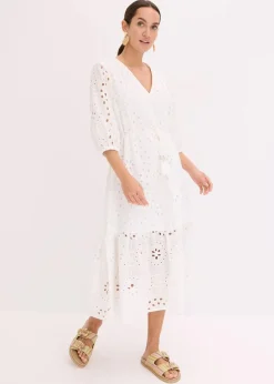 bonprix Kleider^Midikleid aus reiner Baumwolle mit Lochstickerei wollweiß