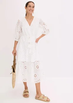 bonprix Kleider^Midikleid aus reiner Baumwolle mit Lochstickerei wollweiß