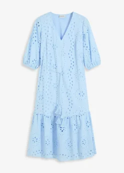bonprix Kleider^Midikleid aus reiner Baumwolle mit Lochstickerei hellblau