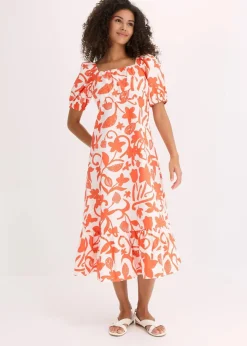 bonprix Bekleidung·Pullover & Strickjacken|Kleider^Midikleid aus reiner Bio-Baumwolle mango/cremeweiß floral