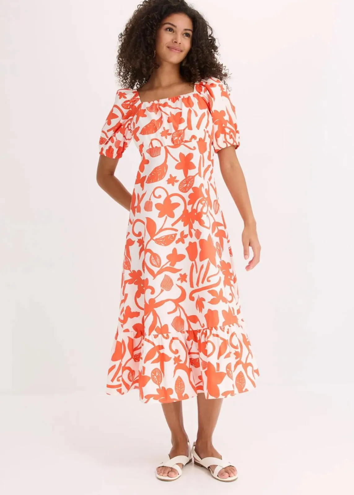 bonprix Bekleidung·Pullover & Strickjacken|Kleider^Midikleid aus reiner Bio-Baumwolle mango/cremeweiß floral