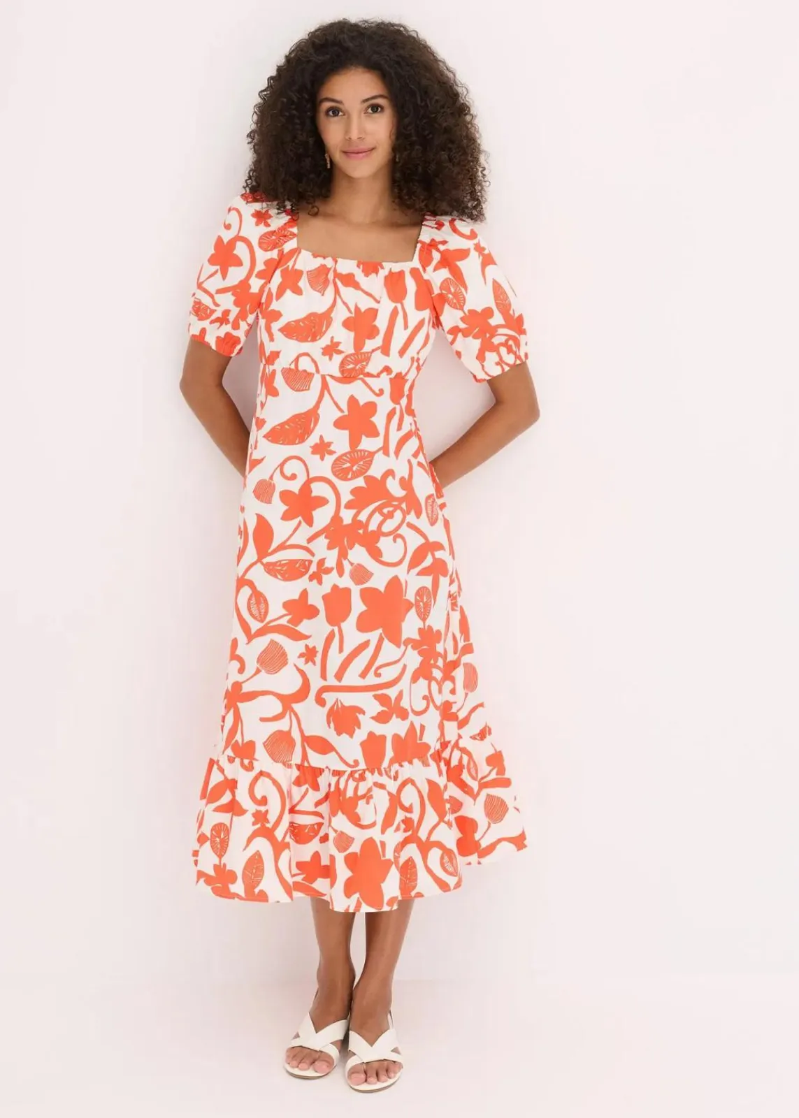 bonprix Bekleidung·Pullover & Strickjacken|Kleider^Midikleid aus reiner Bio-Baumwolle mango/cremeweiß floral