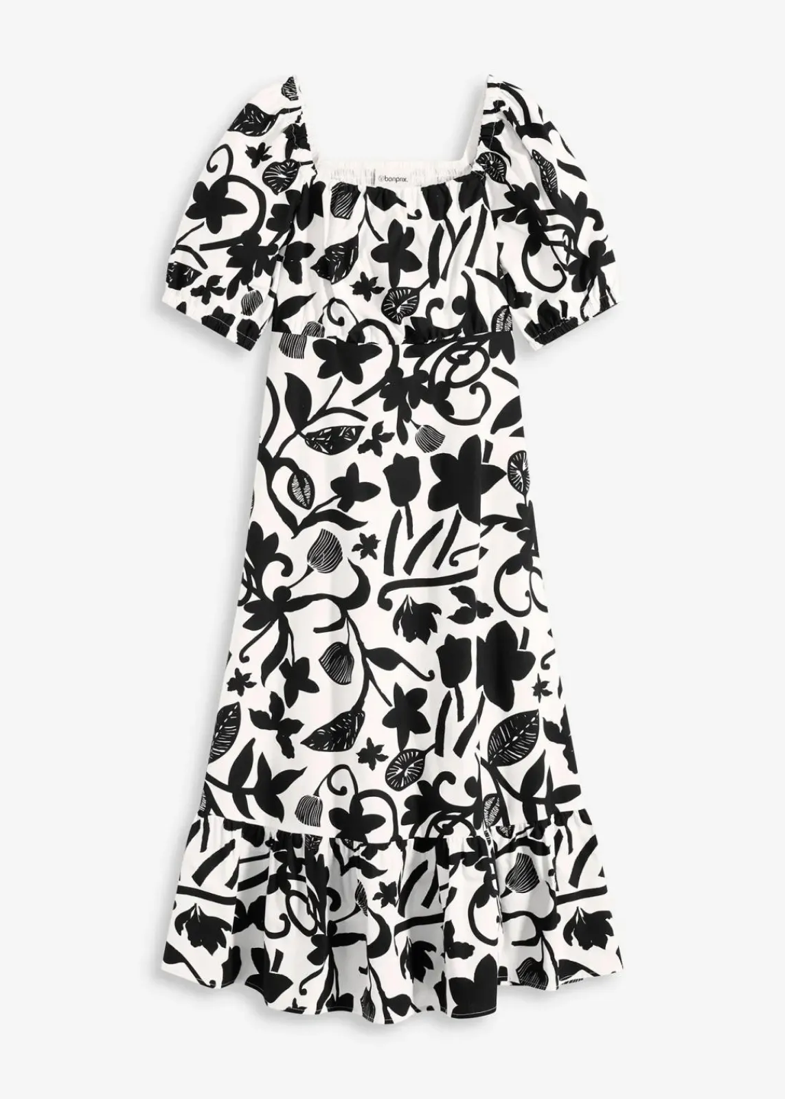 bonprix Kleider|Bekleidung·Pullover & Strickjacken^Midikleid aus reiner Bio-Baumwolle schwarz/cremeweiß floral