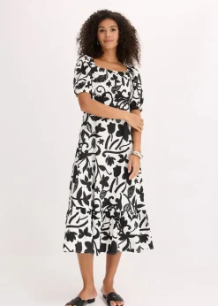 bonprix Kleider|Bekleidung·Pullover & Strickjacken^Midikleid aus reiner Bio-Baumwolle schwarz/cremeweiß floral