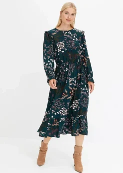 bonprix Nachhaltigere Materialien|Kleider^Midikleid aus reiner Viskose tiefgrün geblümt