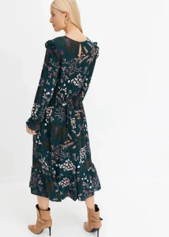 bonprix Nachhaltigere Materialien|Kleider^Midikleid aus reiner Viskose tiefgrün geblümt