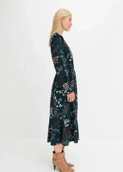 bonprix Nachhaltigere Materialien|Kleider^Midikleid aus reiner Viskose tiefgrün geblümt