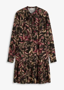 bonprix Bekleidung·Pullover & Strickjacken|Kleider^Midikleid aus reiner Viskose dunkelgrau/rhododendronrot/grünbeige floral
