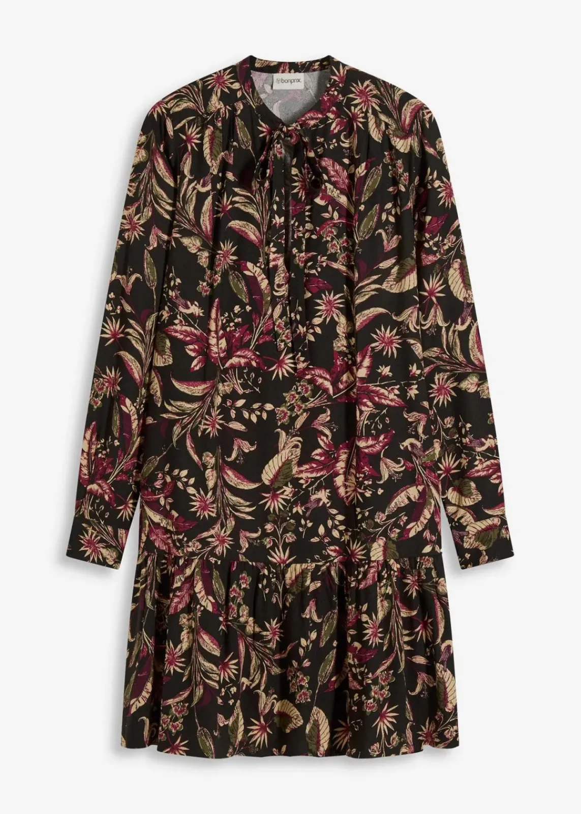 bonprix Bekleidung·Pullover & Strickjacken|Kleider^Midikleid aus reiner Viskose dunkelgrau/rhododendronrot/grünbeige floral