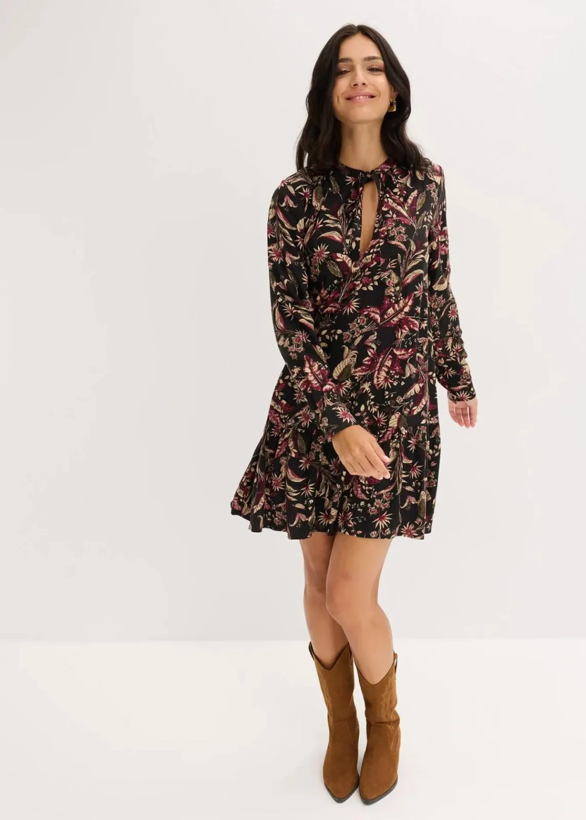bonprix Bekleidung·Pullover & Strickjacken|Kleider^Midikleid aus reiner Viskose dunkelgrau/rhododendronrot/grünbeige floral