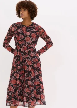 bonprix Kleider|Bekleidung·Pullover & Strickjacken^Midikleid aus softem Mesh schwarz geblümt
