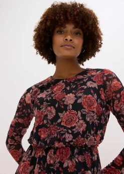 bonprix Kleider|Bekleidung·Pullover & Strickjacken^Midikleid aus softem Mesh schwarz geblümt