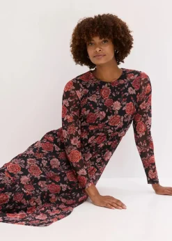 bonprix Kleider|Bekleidung·Pullover & Strickjacken^Midikleid aus softem Mesh schwarz geblümt