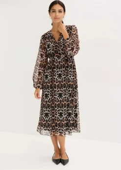 bonprix Kleider|Bekleidung·Pullover & Strickjacken^Midikleid aus softem Mesh beige/braun leo bedruckt