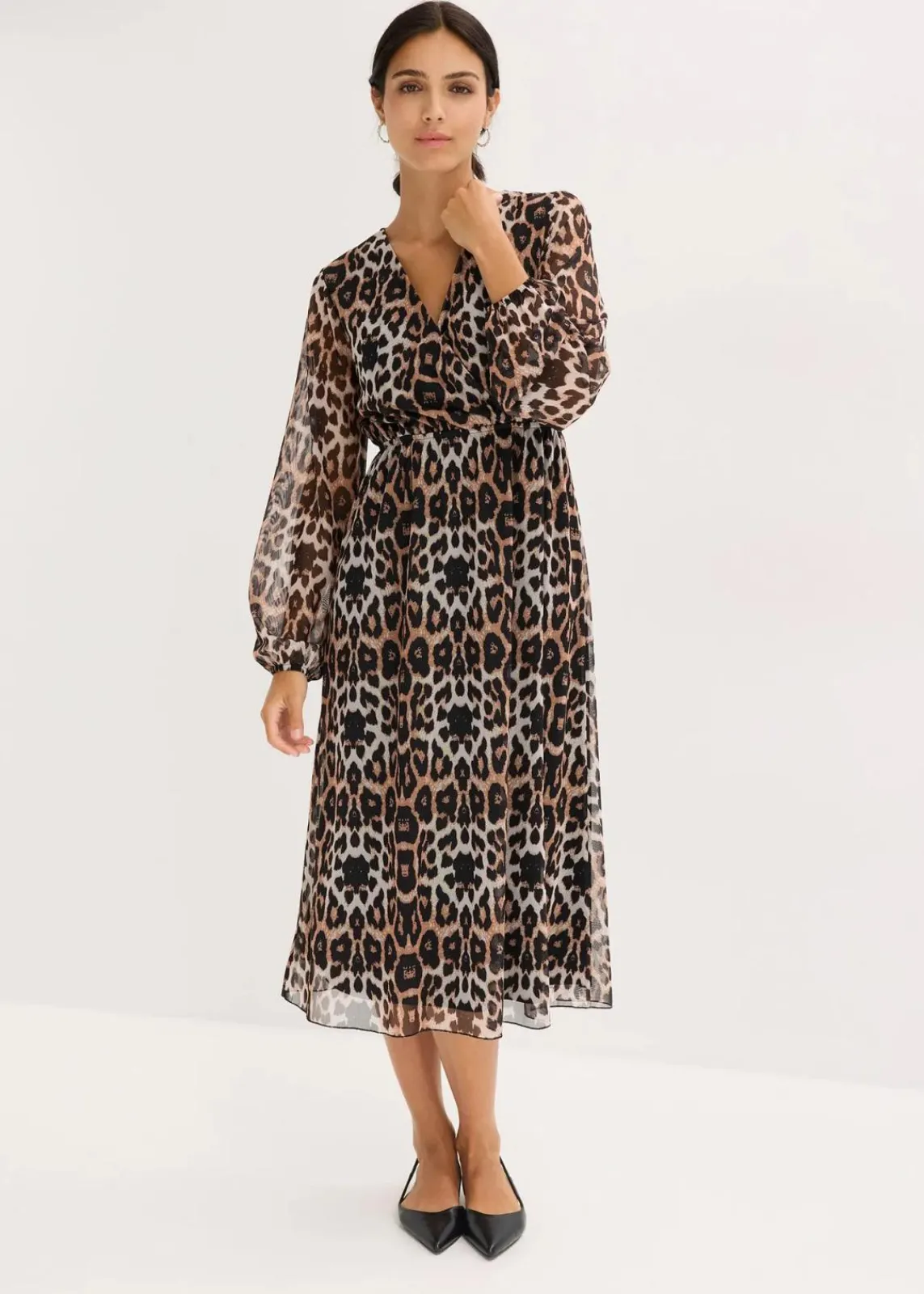 bonprix Kleider|Bekleidung·Pullover & Strickjacken^Midikleid aus softem Mesh beige/braun leo bedruckt