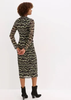 bonprix Nachhaltigere Materialien|Kleider^Midikleid aus softem Mesh dunkeloliv bedruckt