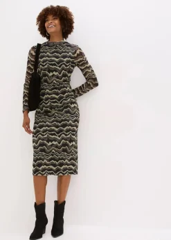 bonprix Nachhaltigere Materialien|Kleider^Midikleid aus softem Mesh dunkeloliv bedruckt