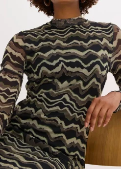 bonprix Nachhaltigere Materialien|Kleider^Midikleid aus softem Mesh dunkeloliv bedruckt