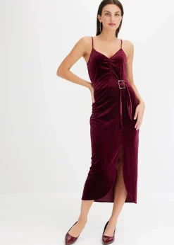 bonprix Kleider^Midikleid aus softem Samt mit Spaghetti-Trägern dunkelrot