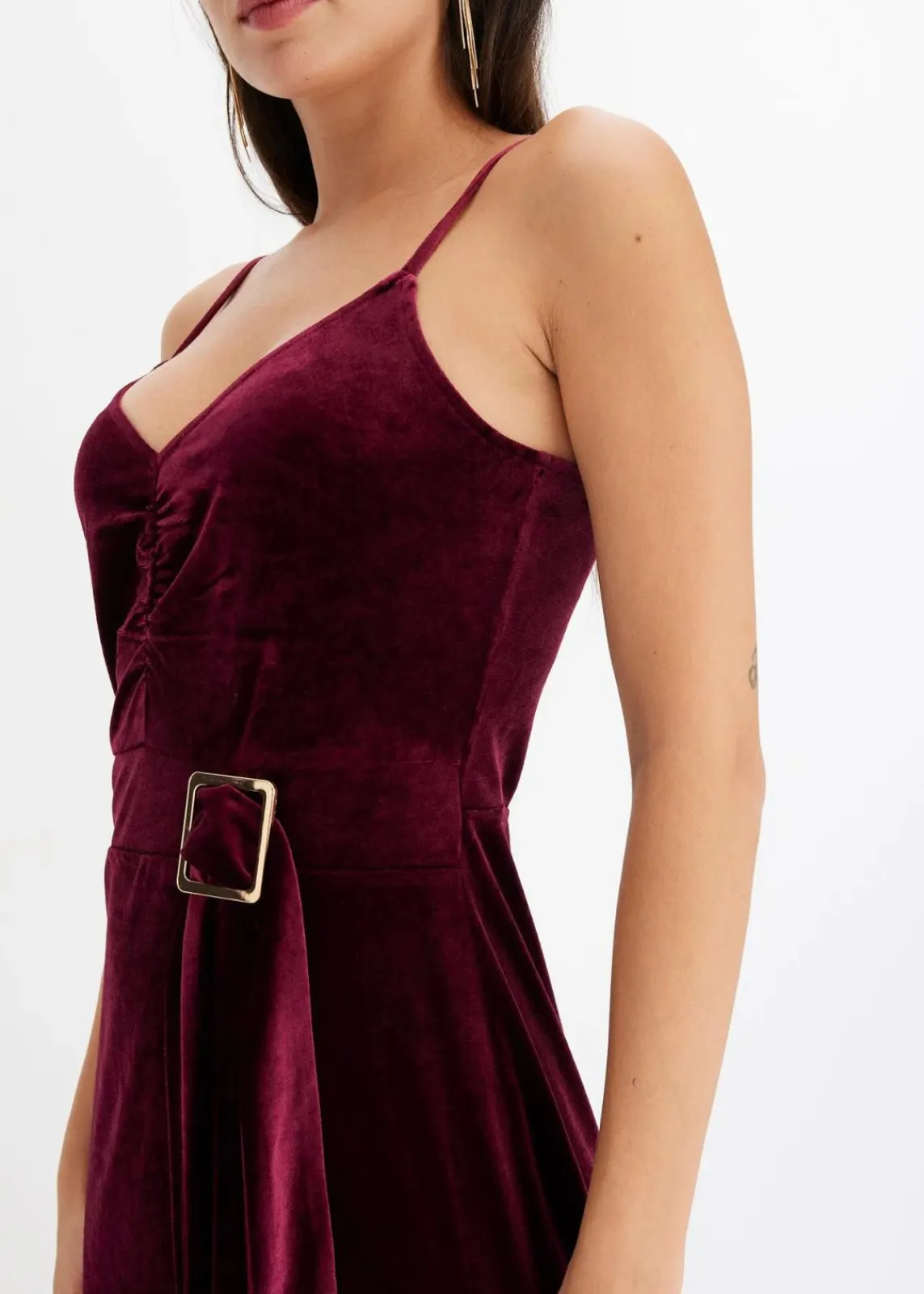 bonprix Kleider^Midikleid aus softem Samt mit Spaghetti-Trägern dunkelrot