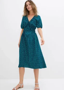 bonprix Bekleidung·Pullover & Strickjacken|Kleider^Midikleid aus softer Viskose dunkelblau/matttürkis bedruckt