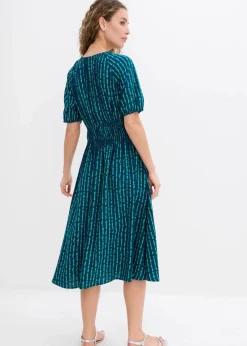 bonprix Bekleidung·Pullover & Strickjacken|Kleider^Midikleid aus softer Viskose dunkelblau/matttürkis bedruckt