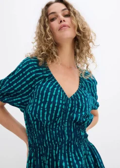 bonprix Bekleidung·Pullover & Strickjacken|Kleider^Midikleid aus softer Viskose dunkelblau/matttürkis bedruckt