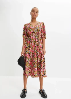 bonprix Bekleidung·Pullover & Strickjacken|Kleider^Midikleid aus Viskose-Mix mistelgrün/hibiskuspink geblümt