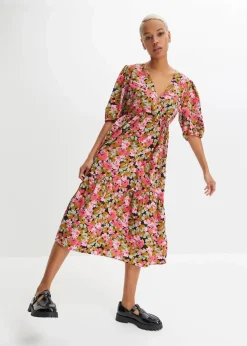 bonprix Bekleidung·Pullover & Strickjacken|Kleider^Midikleid aus Viskose-Mix mistelgrün/hibiskuspink geblümt