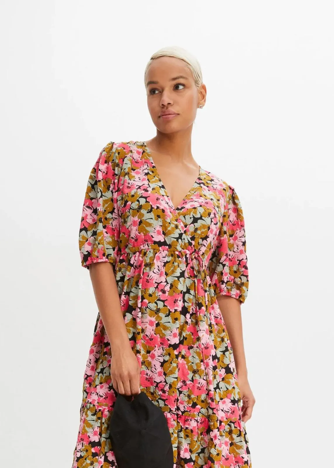 bonprix Bekleidung·Pullover & Strickjacken|Kleider^Midikleid aus Viskose-Mix mistelgrün/hibiskuspink geblümt