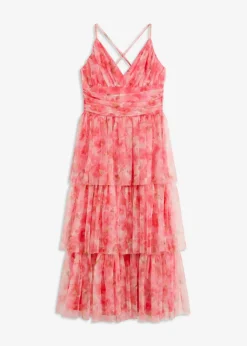 bonprix Festliche Mode|Kleider^Midikleid aus zartem Tüll mit Volants pink geblümt