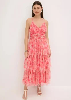 bonprix Festliche Mode|Kleider^Midikleid aus zartem Tüll mit Volants pink geblümt
