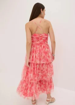 bonprix Festliche Mode|Kleider^Midikleid aus zartem Tüll mit Volants pink geblümt