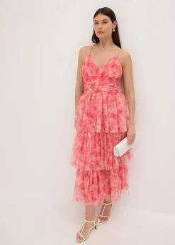 bonprix Festliche Mode|Kleider^Midikleid aus zartem Tüll mit Volants pink geblümt