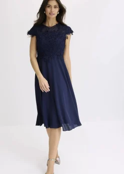 bonprix Bekleidung·Pullover & Strickjacken|Festliche Mode^Midikleid aus zartem Tüll mit Spitze dunkelblau