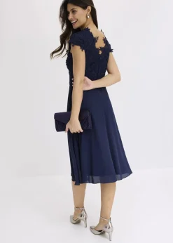 bonprix Bekleidung·Pullover & Strickjacken|Festliche Mode^Midikleid aus zartem Tüll mit Spitze dunkelblau