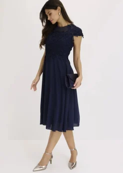 bonprix Bekleidung·Pullover & Strickjacken|Festliche Mode^Midikleid aus zartem Tüll mit Spitze dunkelblau
