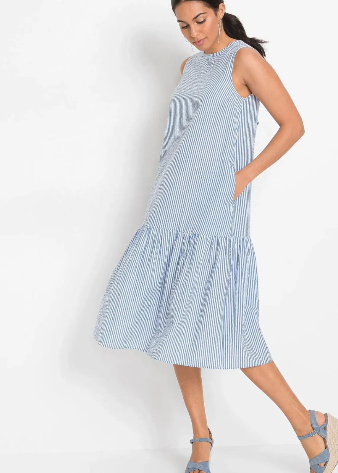 bonprix Bekleidung·Pullover & Strickjacken|Kleider^Midikleid in A-Linie hellblau gestreift