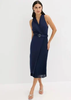 bonprix Bekleidung·Pullover & Strickjacken|Festliche Mode^Midikleid in Wickel-Optik mit Plissee-Einsatz dunkelblau