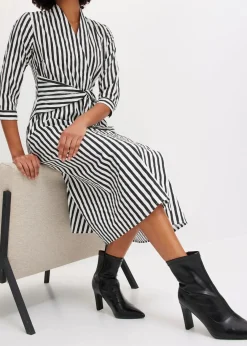 bonprix Bekleidung·Pullover & Strickjacken|Kleider^Midikleid mit Bindeband wollweiß/schwarz gestreift