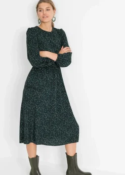 bonprix Kleider|Nachhaltigere Materialien^Midikleid mit Blumenprint schwarz/petrolgrün geblümt