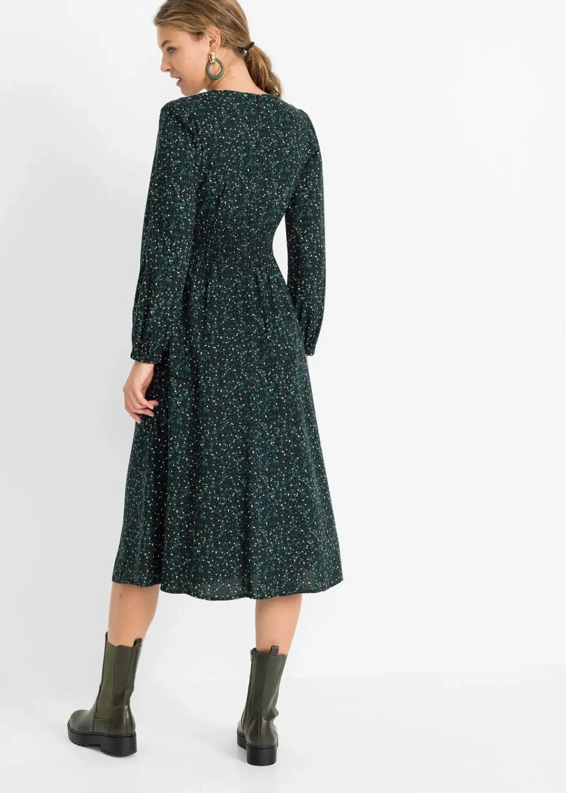 bonprix Kleider|Nachhaltigere Materialien^Midikleid mit Blumenprint schwarz/petrolgrün geblümt